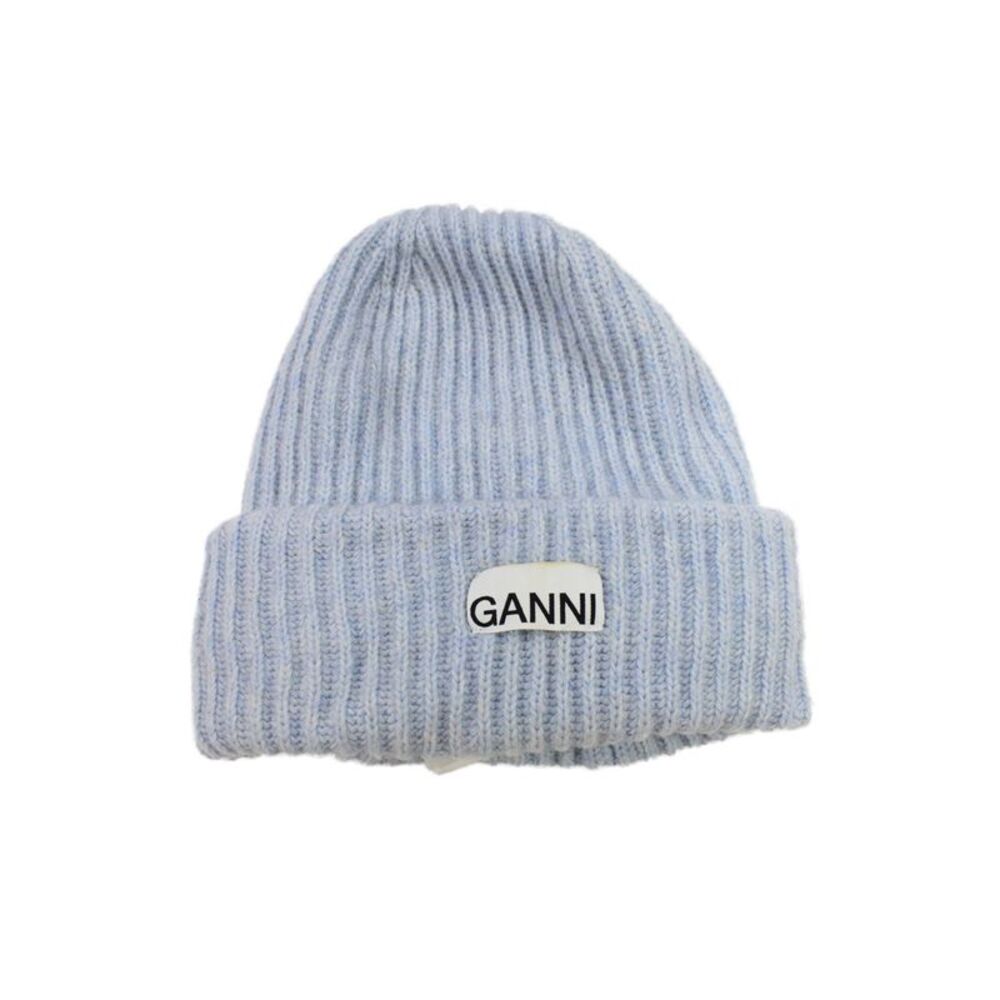 Ganni Womens Wool Knit Folded Cuff Beanie Hat Blue One Size